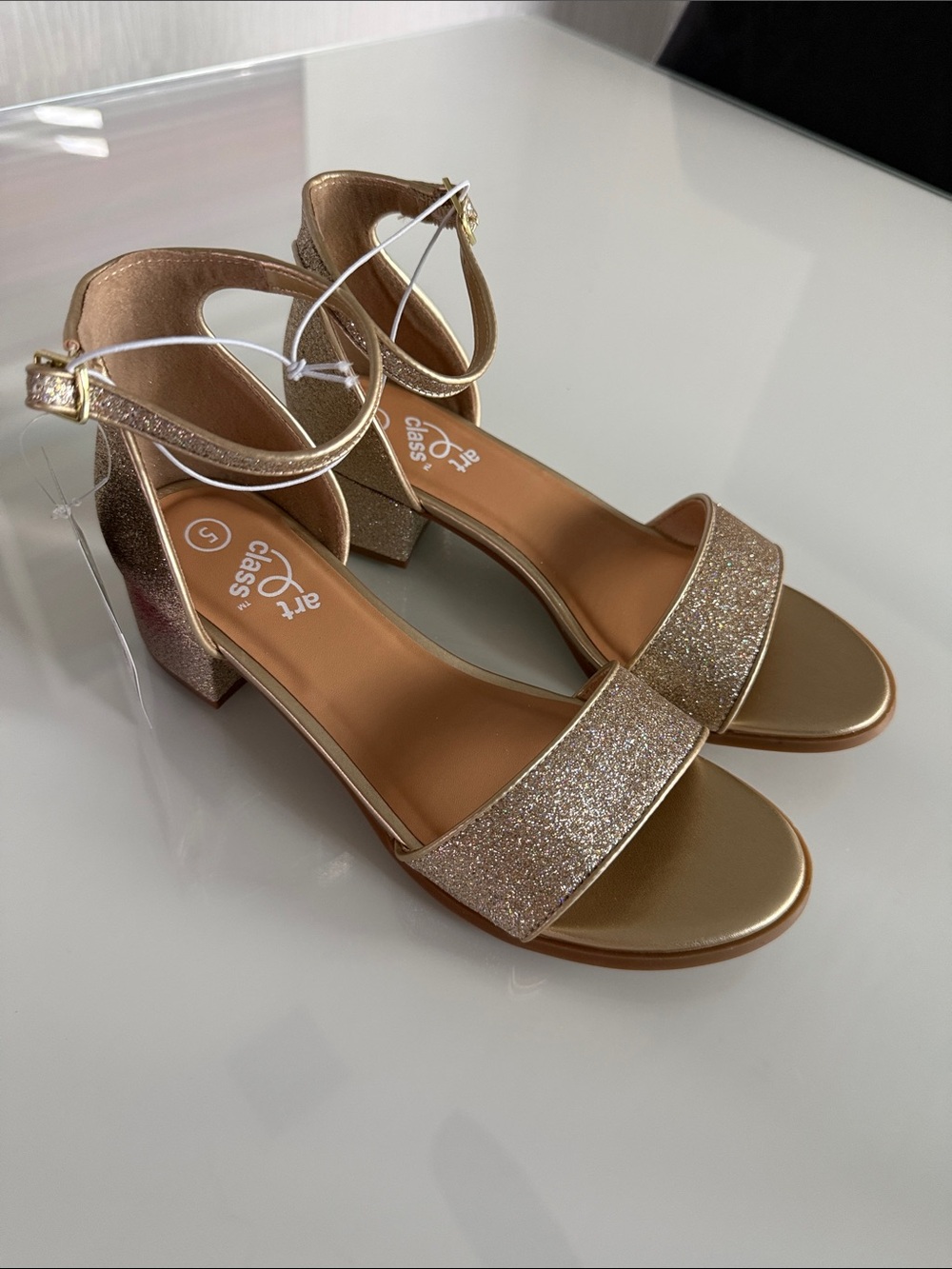 art class Girls Gold Glitter Block Heel Sandals